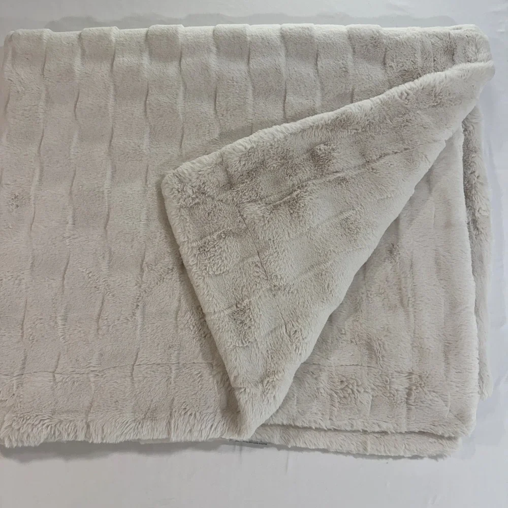 Minky Couture Urban Cream Faux Fur Throw Blanket Large 60x72 Plush Square Grid